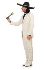 Funny mexican in suit holding maracas isolated on white