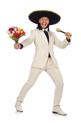 Funny mexican in suit holding flowers isolated on white