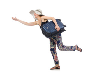 Woman ready for summer travel isolated on white