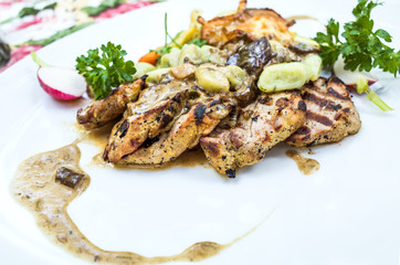 juicy steak beef meat with tomato and potatoes