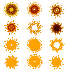 Set of twelve suns. Yellow rays.