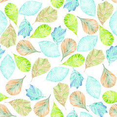 Seamless tender pattern with abstract green, brown and blue leaves painted in watercolor on a white background