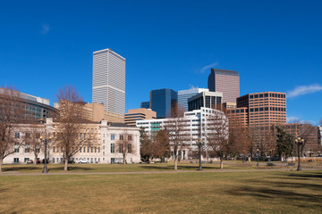 A sunny day in downtown Denver, Colorado, from Civic Center Park.