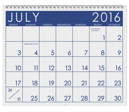 2016 Calendar: Month Of July With Independence Day