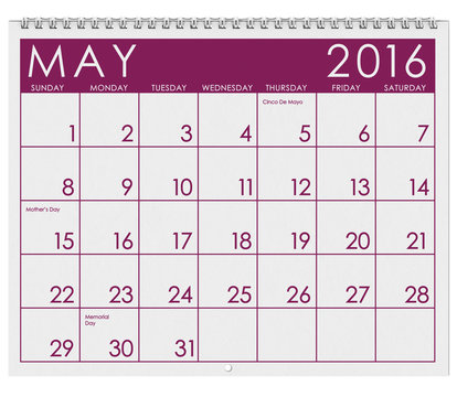2016 Calendar: Month Of May With Memorial Day
