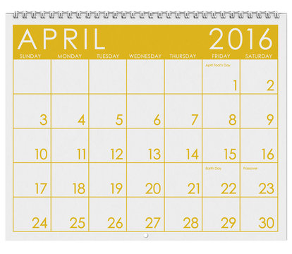 2016 Calendar: Month Of April With April Fool's Day