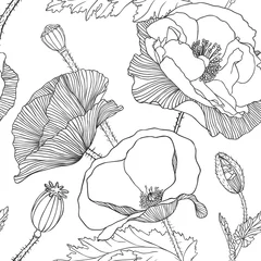 Stickers pour porte Coquelicots Modèle sans couture linéaire - fleur de pavot.
