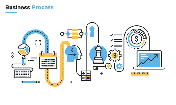 Flat line illustration of business process, market research, analysis, planning, business management, strategy, finance and investment, business success. Concept for web banners and printed materials.