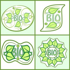 Bio label set with green leaf motif and inscription bio. Diffferent shapes in light green design, vector eps10, sticker useful for food or cosmetic products of natural origin