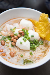 asian rice noodle soup with fish balls