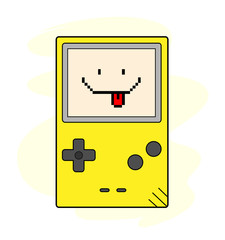 Happy Gaming, a hand drawn vector illustration of a handheld gaming device, the text, game device, and background are on separate groups for easy editing.