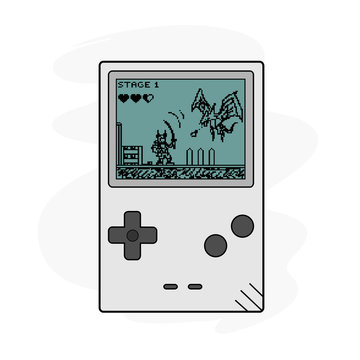 Video Game, a hand drawn vector illustration of a handheld gaming device, the text, game device, and background are on separate groups for easy editing.