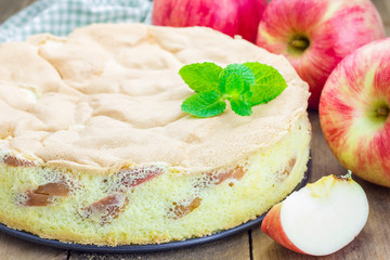 Freshly baked homemade apple sponge cake, closeup