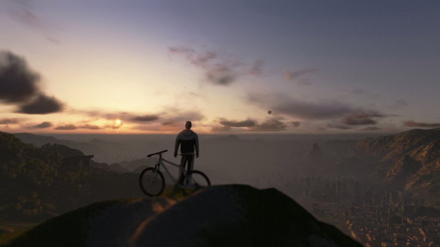 Cyclist on top of the mountain, timelapse sunset, fly over