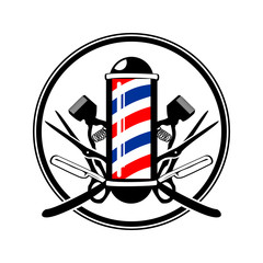 Circular Emblem Barber's Pole with Scissor, Razor & Old Clippers