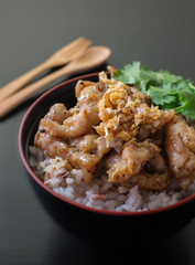 stir fried pork garlic with rice on black bowl
