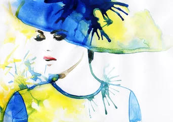 Wall murals Aquarel Face Beautiful face. woman portrait with hat. abstract watercolor .fashion background