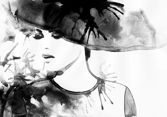 Fototapete Aquarell Gesicht Schönes Gesicht. Frauenportrait mit Hut. abstrakter aquarell .mode hintergrund