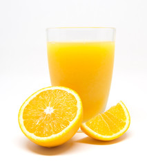 Orange juice and slices of orange isolated on white background