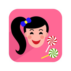 Colorful icon with happy child and candies. Vector illustration.