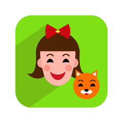 Colorful icon with child and kitten. Sign for cat kennel or pet shop. Vector illustration.