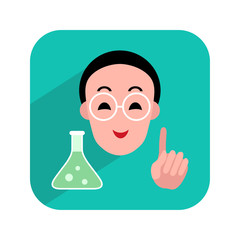 Colorful icon with scientist which holds forefinger up and flask. Symbol of science, chemestry, biology, medicine, education. Vector illustration.