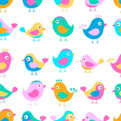 Foto op Canvas Hand drawn seamless pattern with cute birds. Fun birds for kids design. Vector. Bright colors - pink, blue, yellow, orange. On white background. © fairyn