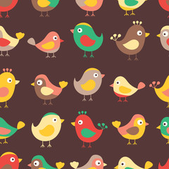 Hand drawn seamless pattern with cute birds. Fun birds for kids design. Vector. Autmn colors - red, yellow, brawn and green. On brawn background.