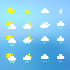 Set of flat weather icons on blurry abstract background.  Modern defocused backdrop may used separately. Vector illustration.