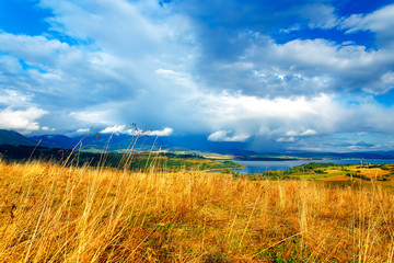 Beautiful landscape, yellow meadow and lake  in background.