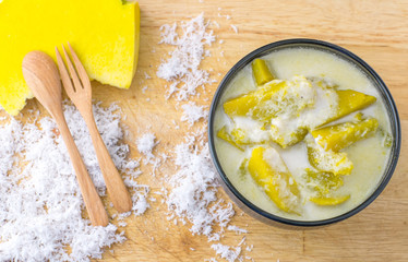 Thai style dessert, hot pumpkin in coconut cream