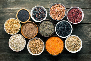 various legumes in bowls