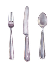 Fork, spoon and knife isolated on white. Hand drawn watercolor illustration.