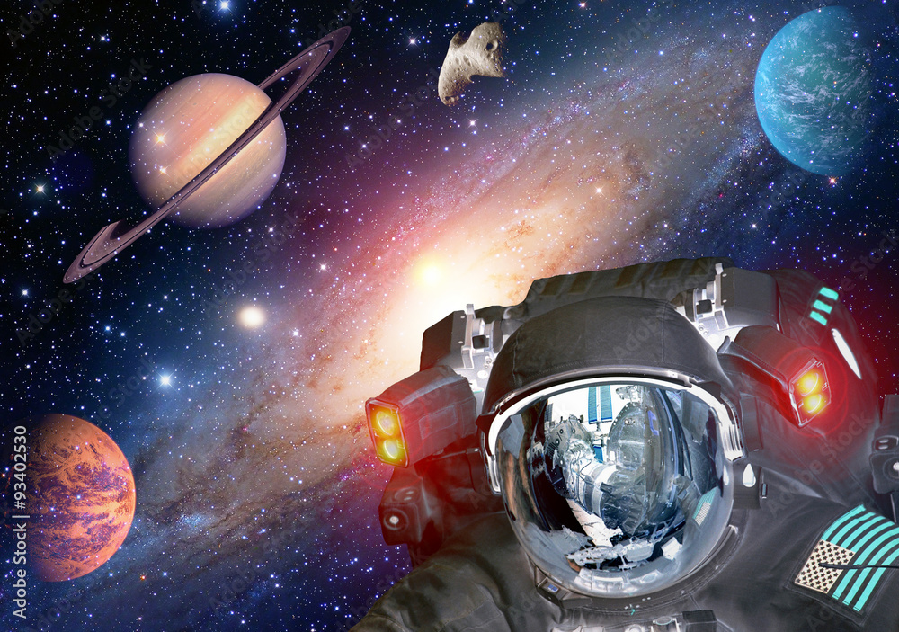 Wall mural astronaut et extraterrestrial alien spaceman helmet outer space planet. elements of this image furni