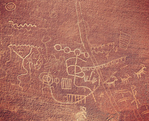 Ancient petroglyphs on rock in Valley of Fire State Park, USA.
