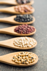 various legumes in wooden spoons