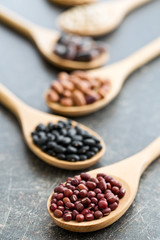 various legumes in wooden spoons