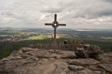 panorama from Topfer hill in Zittauer Gebirge mountains above Kurort Oybin in Saxony
