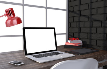 3D illustration laptop and work stuff on table near brick wall