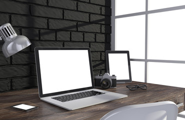 Fototapeta premium 3D illustration laptop and work stuff on table near brick wall