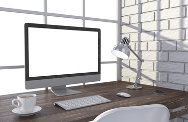 Fototapeta premium 3D illustration PC screen on table in office, Workspace