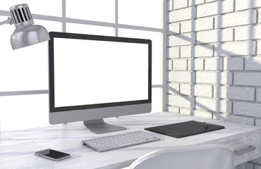 Fototapeta premium 3D illustration PC screen on table in office, Workspace