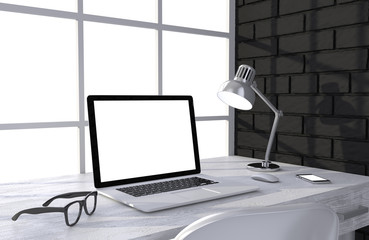 3D illustration laptop and work stuff on table near brick wall