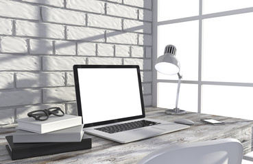 3D illustration laptop and work stuff on table near brick wall