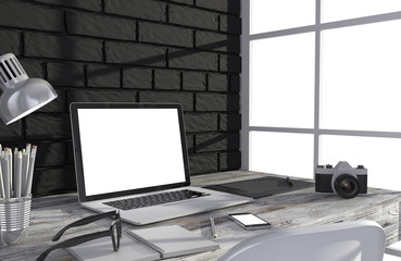 3D illustration laptop and work stuff on table near brick wall