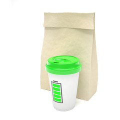 Coffee to go and lunch bag, on white.