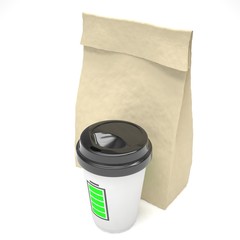 Coffee to go and lunch bag, on white.