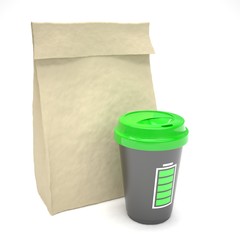 Coffee to go and lunch bag, on white.