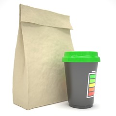 Coffee to go and lunch bag, on white.