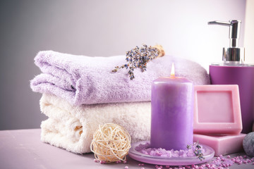 Spa treatments isolated on colorful background. Lavender spa concept